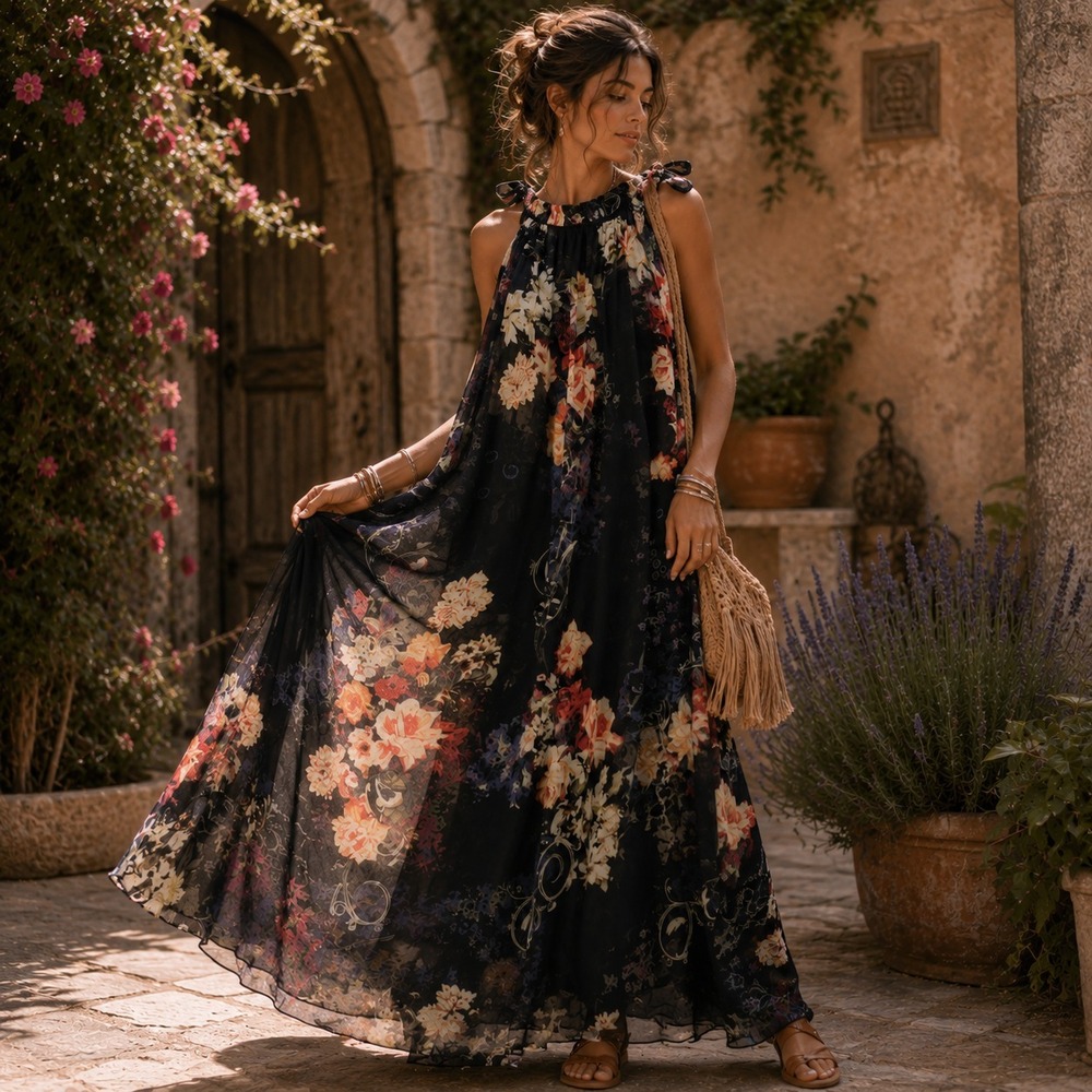 Yi Heng Mei Floral Chiffon Maxi Dress M Black Sheer Rose Print Romantic Boho